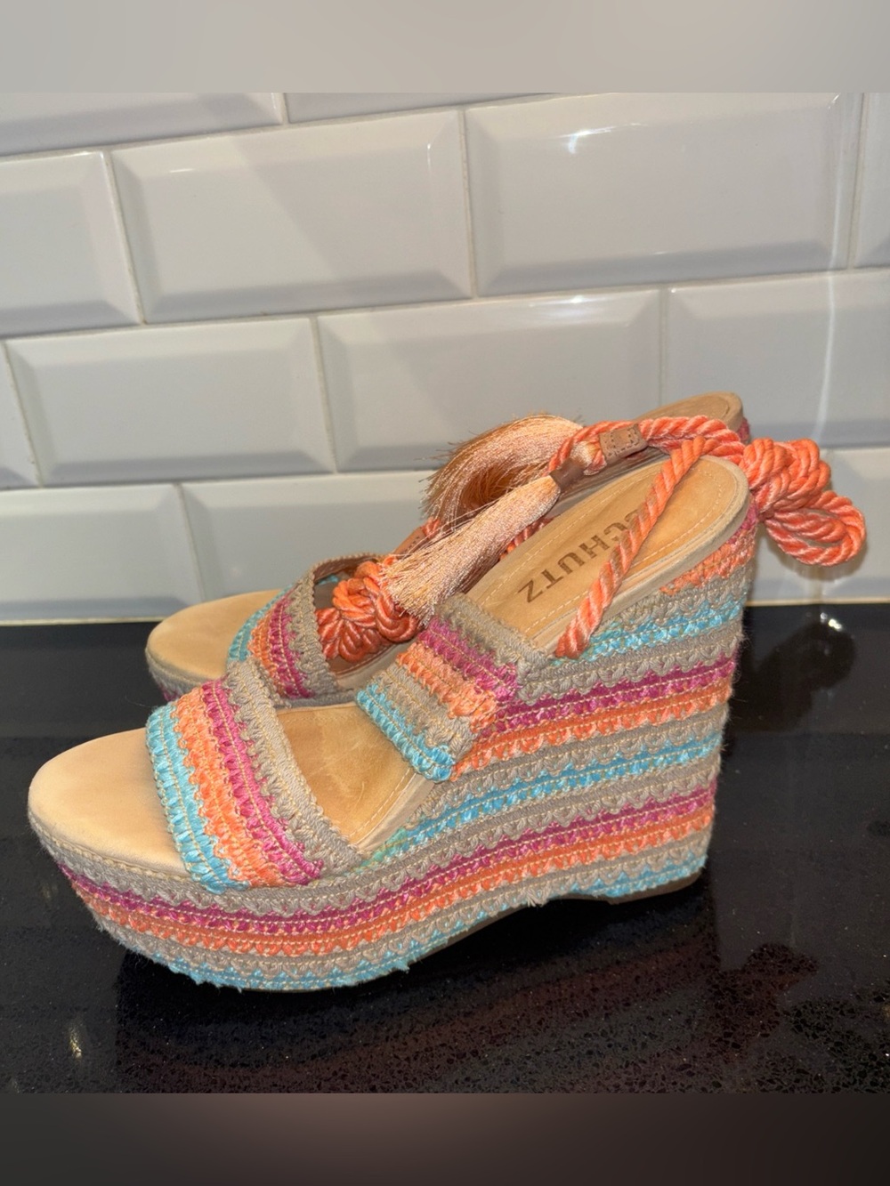 Schutz Bendy Espadrille Wedge Sandals Size 7 Crochet